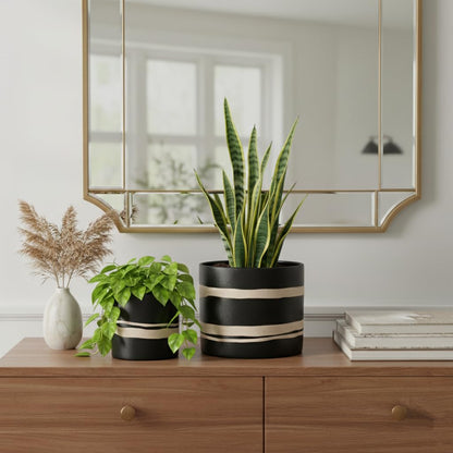 Nihow Modern Ceramic Plant Pot - 5 + 7 Inch Flower Pot for All Indoor Plants - Sturdy Planter Pots with Drainage Hole & Rubber Plugs - Semi-Matte Black & Nature - Plants Not Included