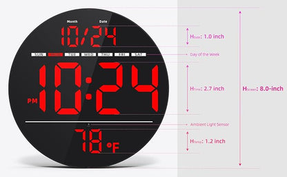 Digital Wall Clock with Large LED Display, Date, Temperature, Auto-Brightness | Small [PLUG-IN] Clock | Modern Electric Wall Clock for Bedroom, Classroom, Living Room, Home, Office, Farmhouse – Red