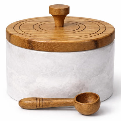 Marble salt cellar with lid and spoon, salt container with spoon, salt bowl with acacia wood lid, salt holder for countertop, salt jar - White