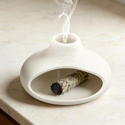 Palo Santo Holder Ceramic Incense Burner, Mini Chimney for Burning Sage and Incense Cones, Aromatic Smudge Bowl for Meditation and Yoga, Zen Room Decor, Easy-Clean Ash Catcher (White)