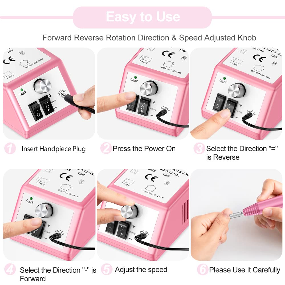 Professional Nail Drill Machine 30000 RPM Efile Electric Nail Filer Kit for Finger Toe Nails, Acrylic Gel Nails, Manicure Pedicure Drill with 6Pcs Nail Bits, 106Pcs Sanding Bands - Pink