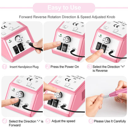 Professional Nail Drill Machine 30000 RPM Efile Electric Nail Filer Kit for Finger Toe Nails, Acrylic Gel Nails, Manicure Pedicure Drill with 6Pcs Nail Bits, 106Pcs Sanding Bands - Pink