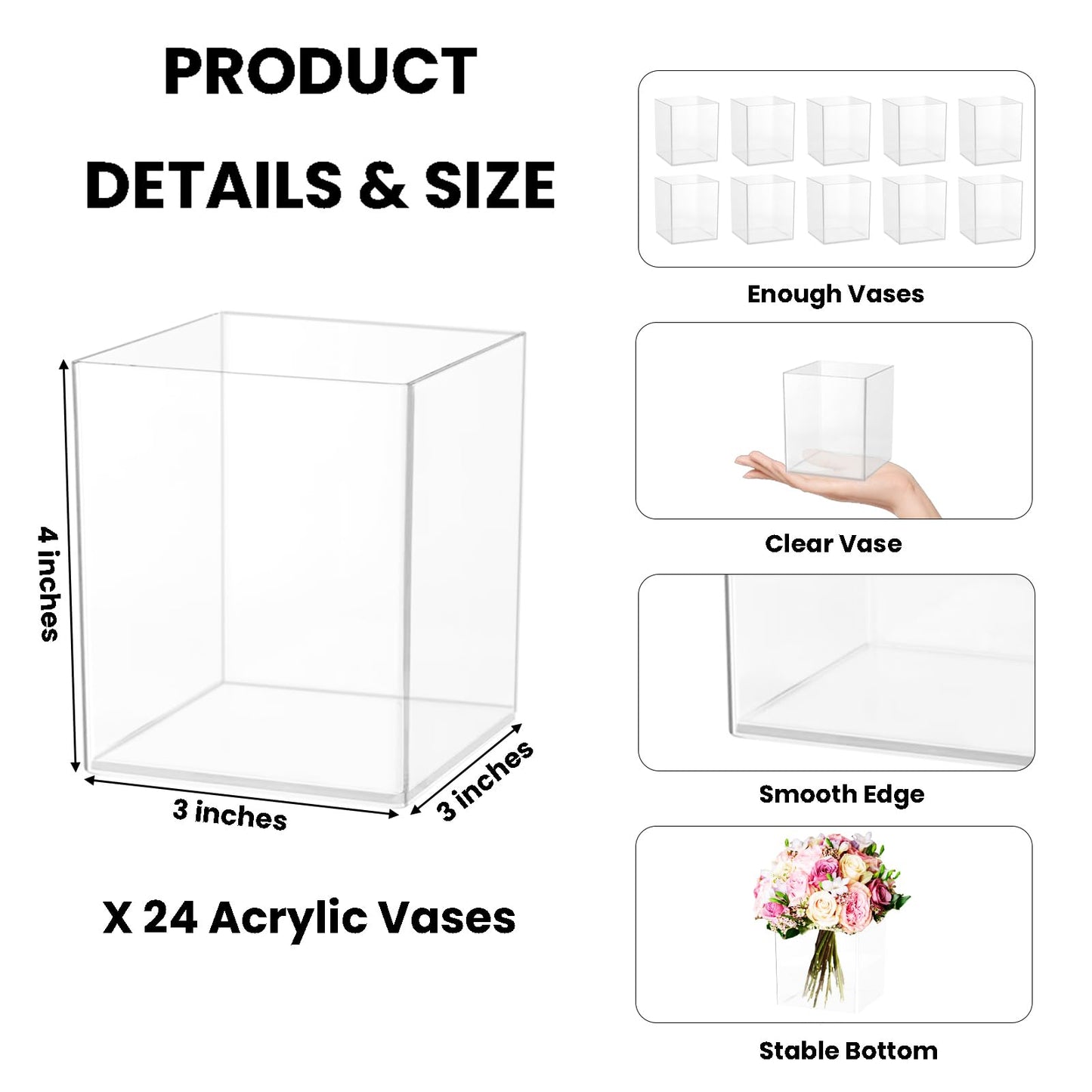 24 Pack Acrylic Vases for Centerpiece, Acrylic Cube Plastic Flower Vase Bulk Succulent Pots Planters Clear Small Square Opening Plastic Vases for Centerpiece Wedding Party Home Office, 4 x 3 x 3 Inch