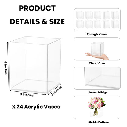 24 Pack Acrylic Vases for Centerpiece, Acrylic Cube Plastic Flower Vase Bulk Succulent Pots Planters Clear Small Square Opening Plastic Vases for Centerpiece Wedding Party Home Office, 4 x 3 x 3 Inch