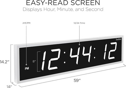 Ivation Huge Oversized 60" Large Digital LED Clock | Big Digital Clock w/Multi-Function Display – Stopwatch, Timer, Alarms, Temp & Date | 6 Brightness Levels, Time Memory & Remote (White)