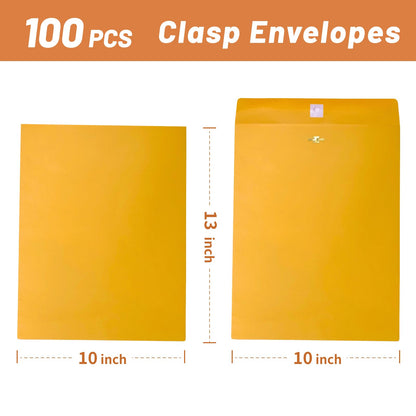 Manila Clasp Envelopes 10x13 100 Pcs, Creebe Large Brown Yellow 10 x 13 Envelopes with Clasp and Gummed Seal for Mailing, 100 GSM Kraft Paper