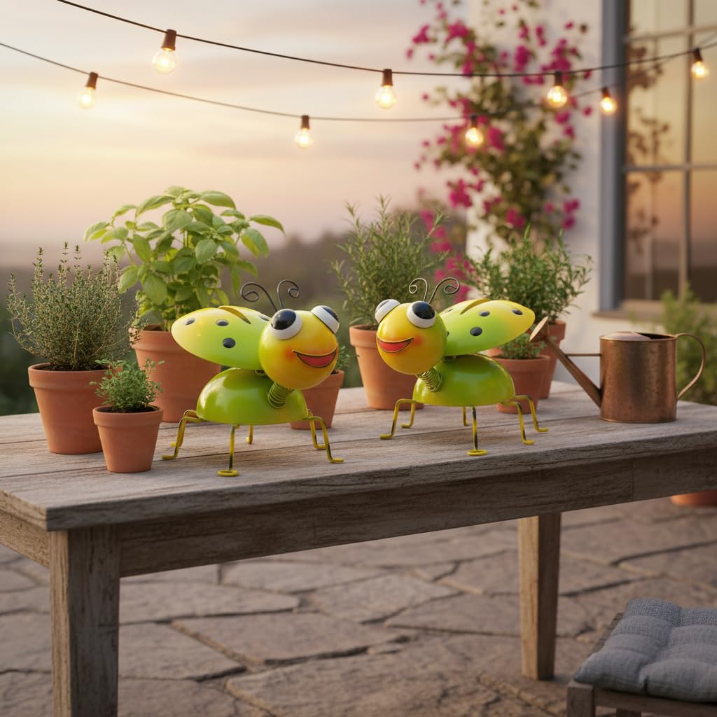Cruis Cuka Metal Yard Art Garden Decor for Outside Cute Green Ladybugs Lawn Patio Ornaments Backyard Decorations Garden Gifts for Mom - Set of 2