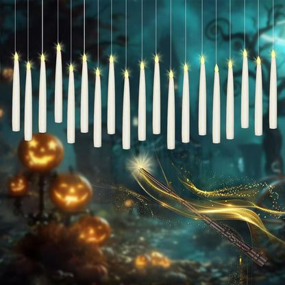 xunhuimemory 12 Pcs Floating Candles with Wand, LED Flickering Warm Light Magic Deco Candle, Flameless Taper Candles Battery Operated for Halloween Party Decor with Wand Remote Candle Wand Remote