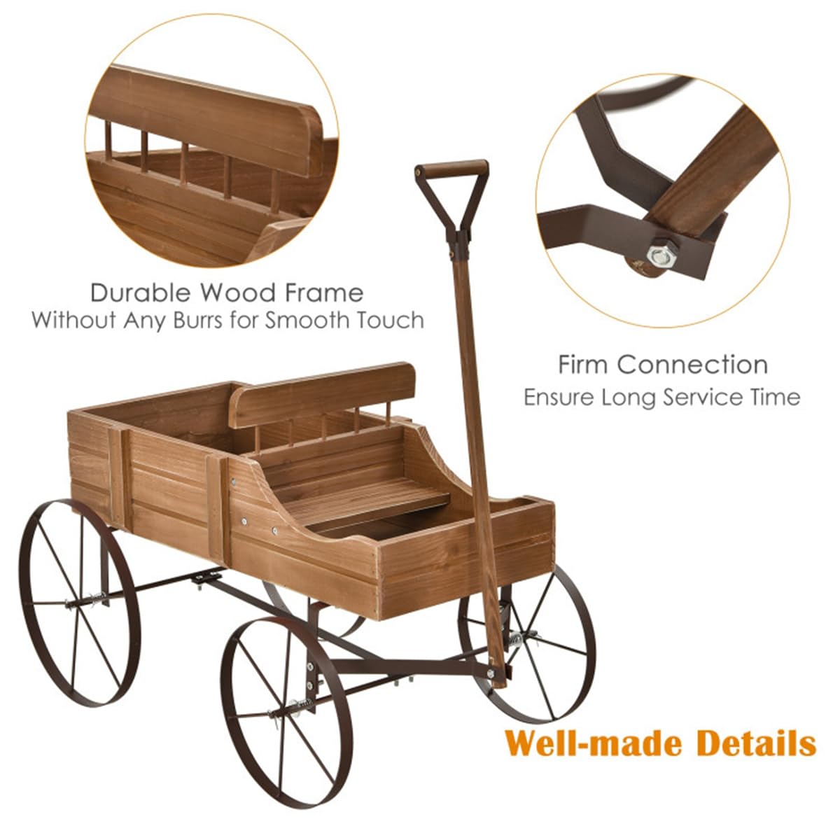 DESIGNSCAPE3D Wooden Wagon Planter Cart – Rustic Raised Garden Bed with Wheels & Handle for Outdoor Patio, Yard, Backyard, Brown Fir Wood Flower Box