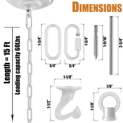 Omytie 15 Ft Heavy Duty Hanging Chain Kit with Connection Locks/Swag Ceiling Hooks for Lighting Fixture, Chandelier, Pendant, Lantern, Swag Lamp, Plant/Flower/Fruit Basket, Bird Feeder (White)