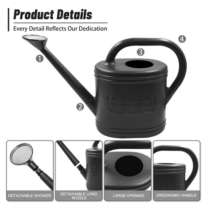 2 Gallon Watering Can, Outdoor Watering Can for Plants, Garden Water Can with Removable Long Spout and Stainless Steel Sprinkler Head, Large Water Can for Greenhouse (Black, 2 Gallon)