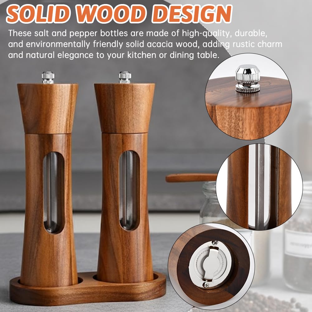 2 Pack Wooden Salt and Pepper Grinder Set with Spoon,Cleaning Brush,8 Inch Refillable Salt and Pepper Shakers,Manual Spice Mills with Clear View Window-Adjustable Coarseness