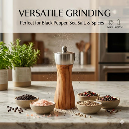 Tephra & Form 6" Olive Wood Pepper Grinder Mill, Adjustable Ceramic Core, Refillable Salt Pepper Shaker Kitchen Gift