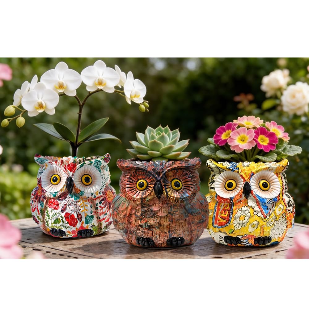 Owl Planter, Owl Plant Pot, Bird Figurine Flower Pots with Drainage for Succulent Cactus Small Herbs, Unique Makeup Brush Holder, Farmhouse Animal Statue for Home Office Decor, Garden Gifts for Women