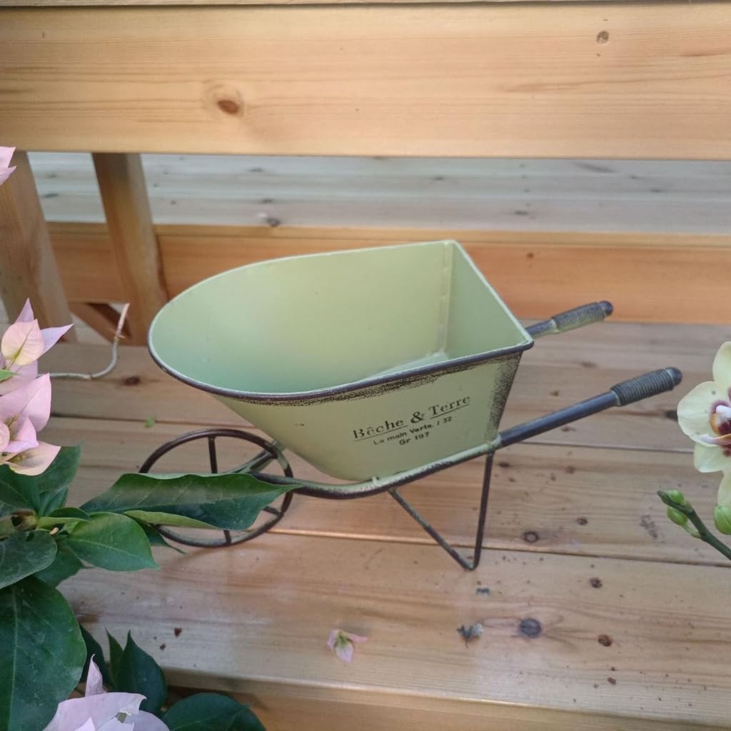 YUSHTPO Classical Iron Art Single Wheel Cart for Garden Decors Metal Wheelbarrow Small Planter Flower Pots Plant