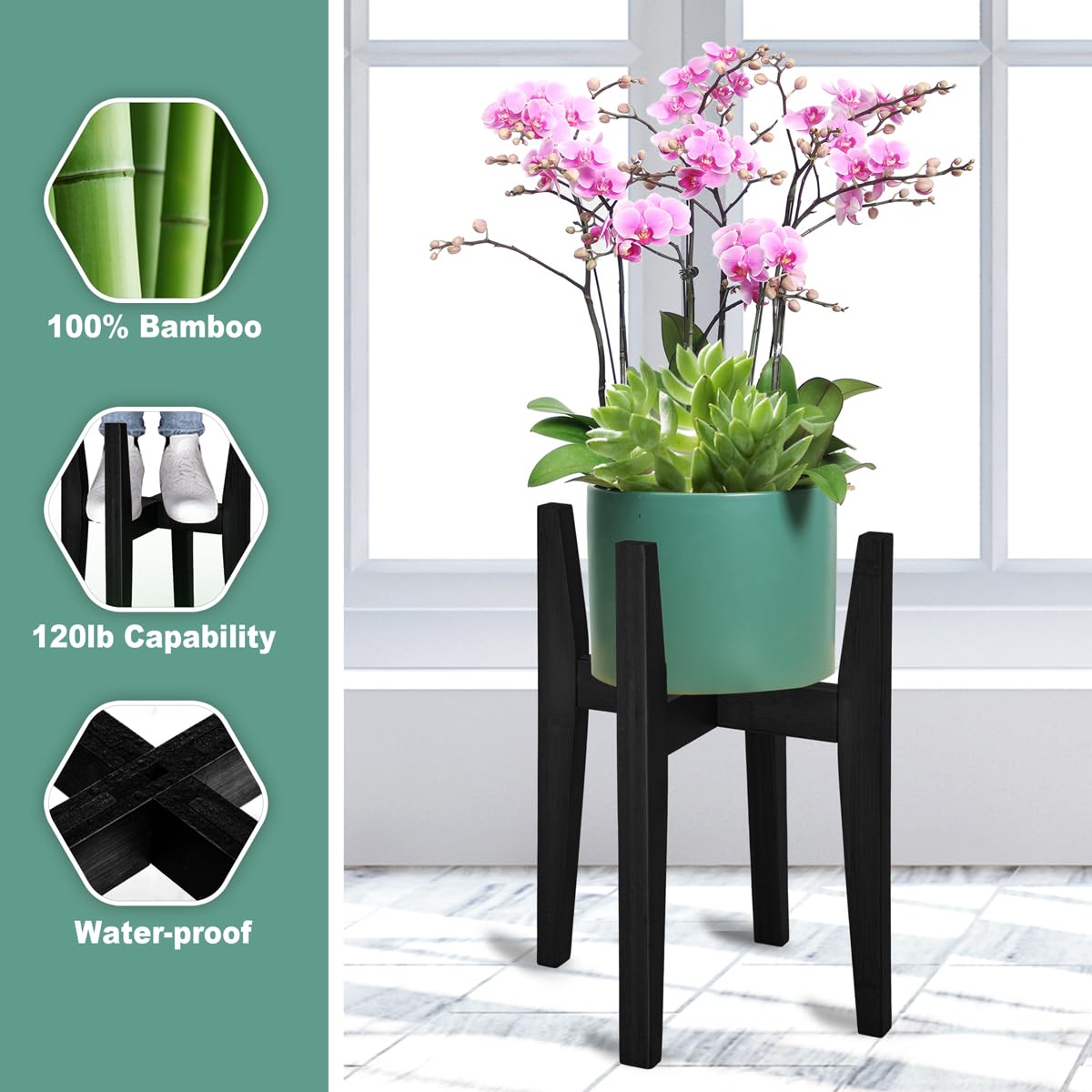 Rnined Plant Stand Indoor, Bamboo Plant Shelf, Adjustable Corner Plants Flower Holders Single Floor Plant Stand, Fits 8 to 12 Inches Pots,(Pot & Plant Not Included)(Black)