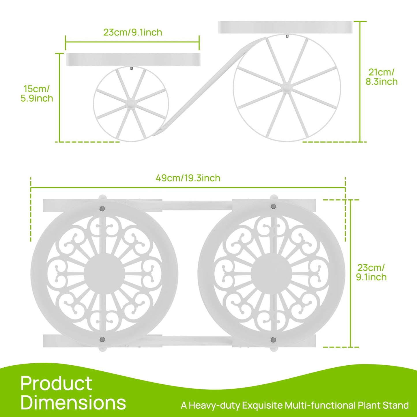 Cute Plant Stand Indoor Outdoor 2-Tier Metal Heavy Duty Flower Pot Holder with Decorative wagon wheels, Multi-Use Planter Display Rack Shelf for Garden Patio Balcony Living Room Corner (White)