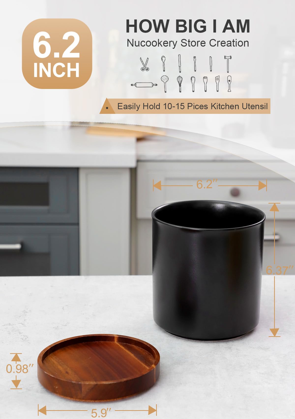 Nucookery 360°Rotating Utensil Holder, 7.2" Large Utensil Crock Countertop, Black Ceramic Cooking Utensil Organizer,Spatula Spoon Holder,Farmhouse Kitchen Decor Christmas Gift (Stone Black)
