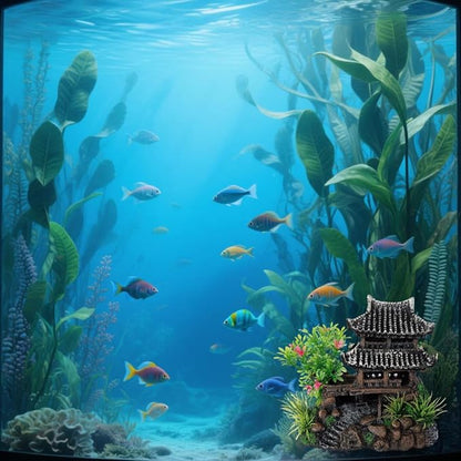 Aquarium Decoration Chinese Ancient Tower, Resin Small Fish Tank Hideout Hut Accessories, Artificial Landscape Decor Hideaway House with Tree Moss, Hollow Hideout Castle Ornament (Building)