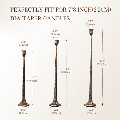 Set of 3 Candle Stick Holders, Iron Antique Gold Candlestick Holders, Fits 3/4 inch Thick Candles, Tapered Candle Holders Tall Set for Dining Table, Wedding, Home Decoration