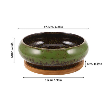 DECHOUS Ceramic Lotus Bowl Planter 7 Inch Round Shallow Succulent Planter Glazed Flower Plants Pot with Bamboo Tray for Lotus Seeds, Bonsai, Home Indoor Decor