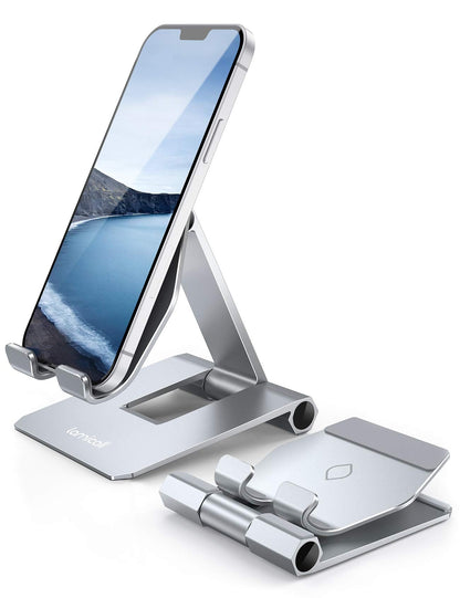 Lamicall Aluminum Metal Adjustable Cell Phone Stand Desk - Heavy Duty Metal Foldable Desktop Phone Holder, Cradle, Dock, for iPhone 16 15 14, Plus, Pro, Pro Max, 13 12 X XS,4-11'' Phone Sliver