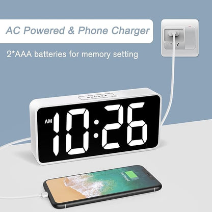 Welgo 7.5 Inch Huge Digital Alarm Clock for Seniors | 0-100% dimmer, oversized easy-read numbers, adjustable volume, USB charging port, snooze, outlet-powered for bedroom