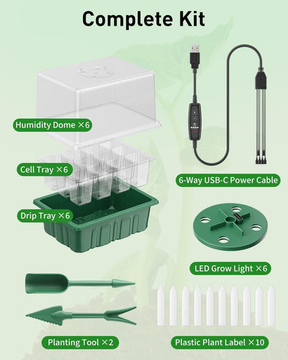 Pawfly 6 Pack Seed Starter Kit, 72 Cells, Seed Starter Trays with Adjustable Grow Lights & 3.9" Humidity Domes, Indoor Seedling Starter Trays, Reusable Plant Germination Trays, Seed Starting Trays