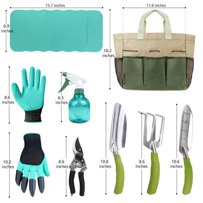Garden Tools Set with 3 Aluminum Gardening Tools, 1 Pruning Shear, 1 Mister Spray Bottle, 1 Foam Kneeler，1 Garden Gloves with Claws and 1 Gardener Bag, Gifts for Mom Dad