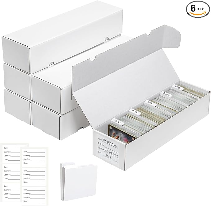 QINGUANG Trading Card Storage Box | 6 Pack • 1100 Count Bulk Card Storage Box | with Dividers | White Corrugated Cardboard Sport Card Organizer for Basketball Card/MTG/TCG/Magic Collection