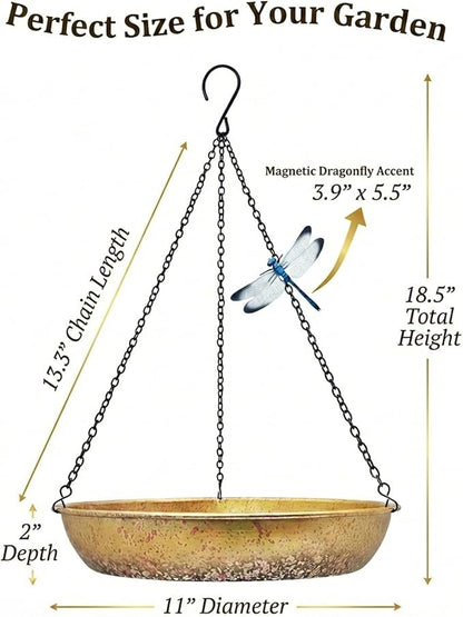 Hanging Bird Bath for Outside Metal Birdbath 11 Inch for Birds to Seed Bathe Drink Decor Bird Bath Gold to Iridescent Pink Gradient Decor for Garden Back Yard Patio Attracts Hummingbirds & Finches