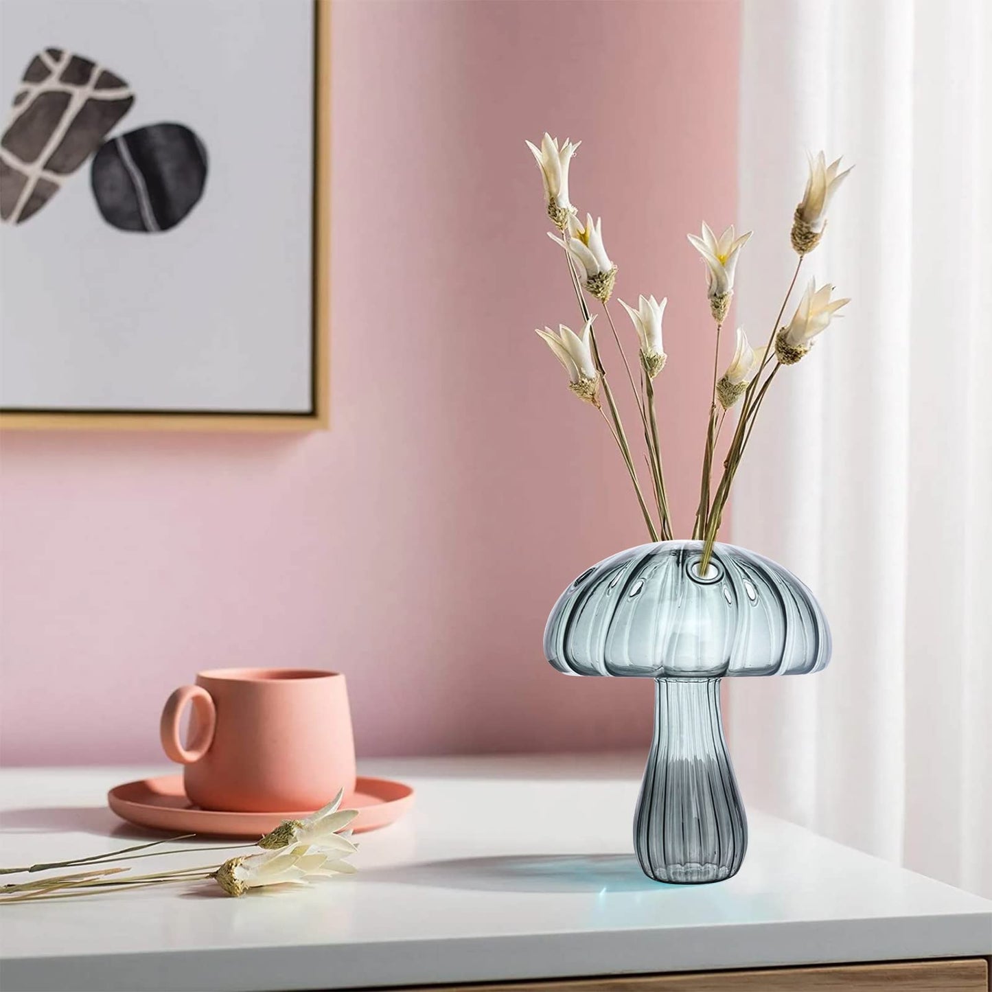 LIANGLIDE Mushroom Shaped Glass Vase, Transparent, Modern, Multipurpose, Table Top, Home Office, Bedroom, Wedding, Graduation, Mother's Day, Women, Flowers, 12.3 x 14.5cm, 110g