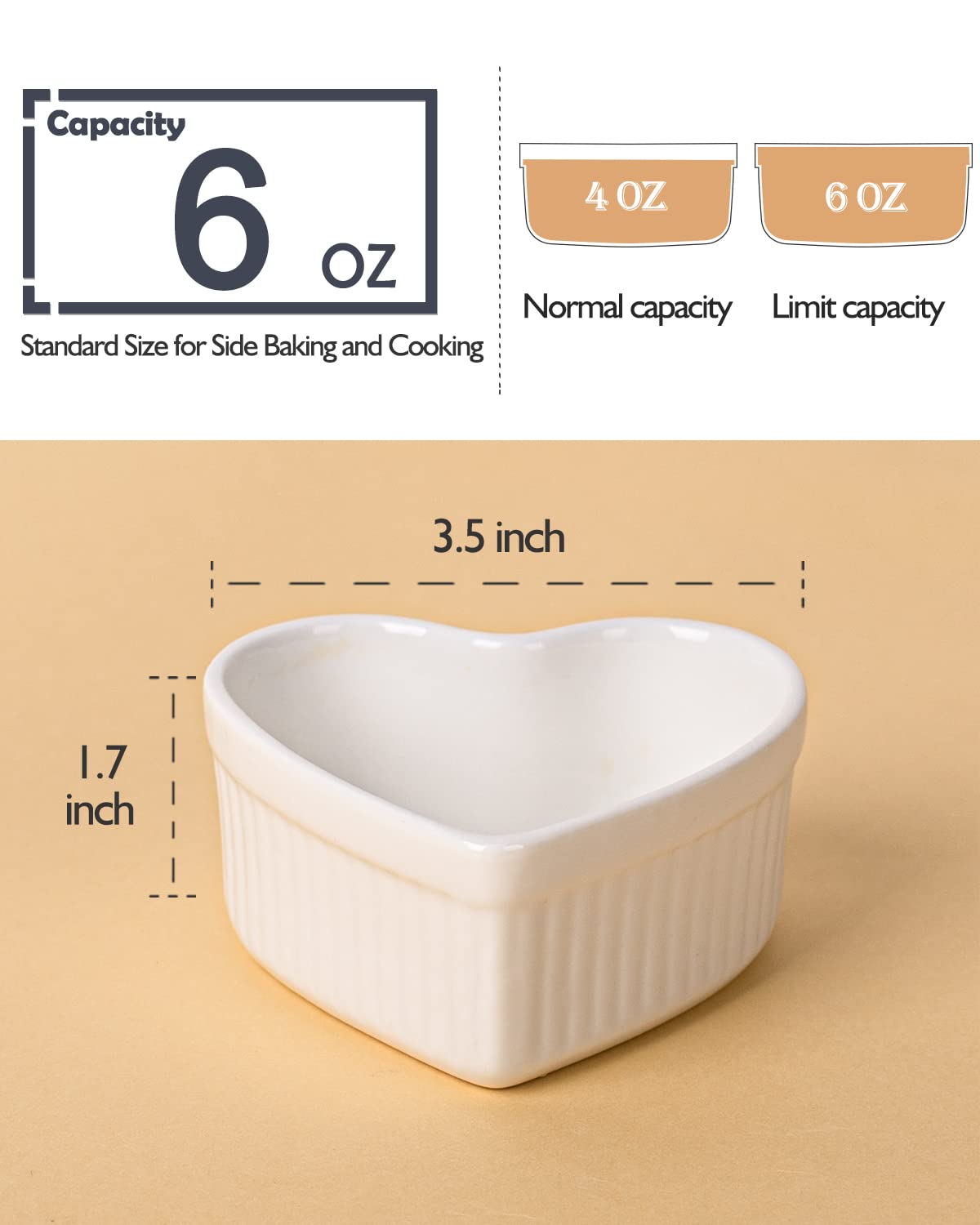 DELLING Heart Shaped Ramekins 6 Oz Oven Safe Set of 6, Porcelain Creme Brulee Dishes - Small Baking Bowls for Souffle Dessert Snack Quiche, Valentines Day Gift, White