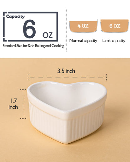 DELLING Heart Shaped Ramekins 6 Oz Oven Safe Set of 6, Porcelain Creme Brulee Dishes - Small Baking Bowls for Souffle Dessert Snack Quiche, Valentines Day Gift, White