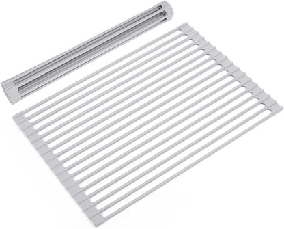 Roll Up Dish Drying Rack Over Sink, 17.5" x 13" Silicone Coated Stainless Steel Sink Drying Rack, Foldable Dish Drainer Rack for Kitchen Counter, Heat Resistant, Non-Slip, Space Saving, Gray