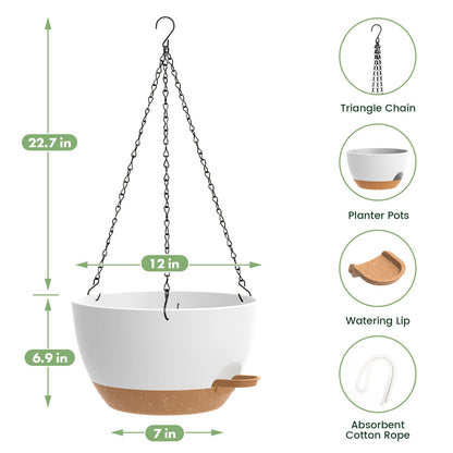 2 Pack 12 Hanging Flower Pots with Chains Self Watering Plastic Planters for Indoor Outdoor Plants, Sturdy Triangular Iron Chain Design for Garden PorchPlastic hanging flower pots (2, White-brown)