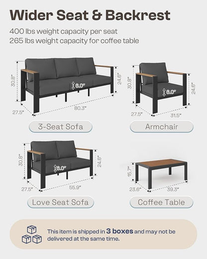 Aluminum Outdoor Patio Furniture Set with Coffee Table, 4 Piece Patio Conversation Sets with Washable Thick Cushions, Outdoor Sectional Furniture Set for Porch, Balcony, Deck, Yard, Graphite