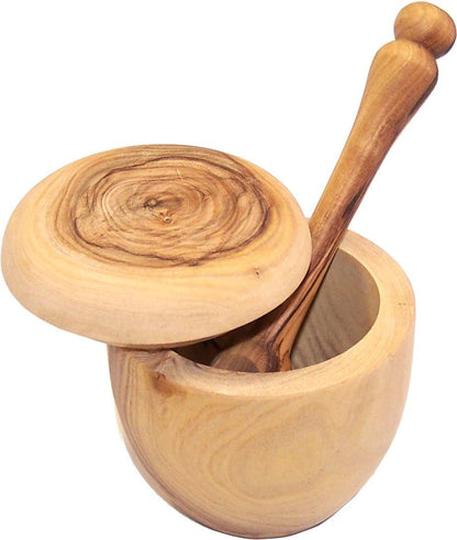 Holy Land Market Olive wood Salt Cellar with Olive wood long Spoon set (3 Inch Cellar and 5 Inches spoon) - Asfour Outlet Trademark