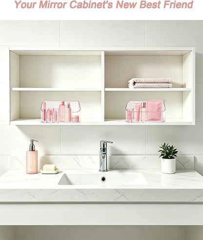 Makeup Tray Holder Organizer Cosmetic Display Case Tabletop Desktop Vanity Countertop Bathroom Wall Cabinet Medicine Storage Box 9 Dividers 2 Removable Women Ladies Girls Gifts Crystal Pink 1 PACK