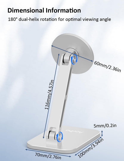 Aoviho Magnetic Phone Stand for MagSafe Adjustable - Aluminum Portable Phone Holder for Desk with 360° Rotating Head Compatible with iPhone 16/15/14/13/12 Pro Max and Magnetic Phone Case, Silver