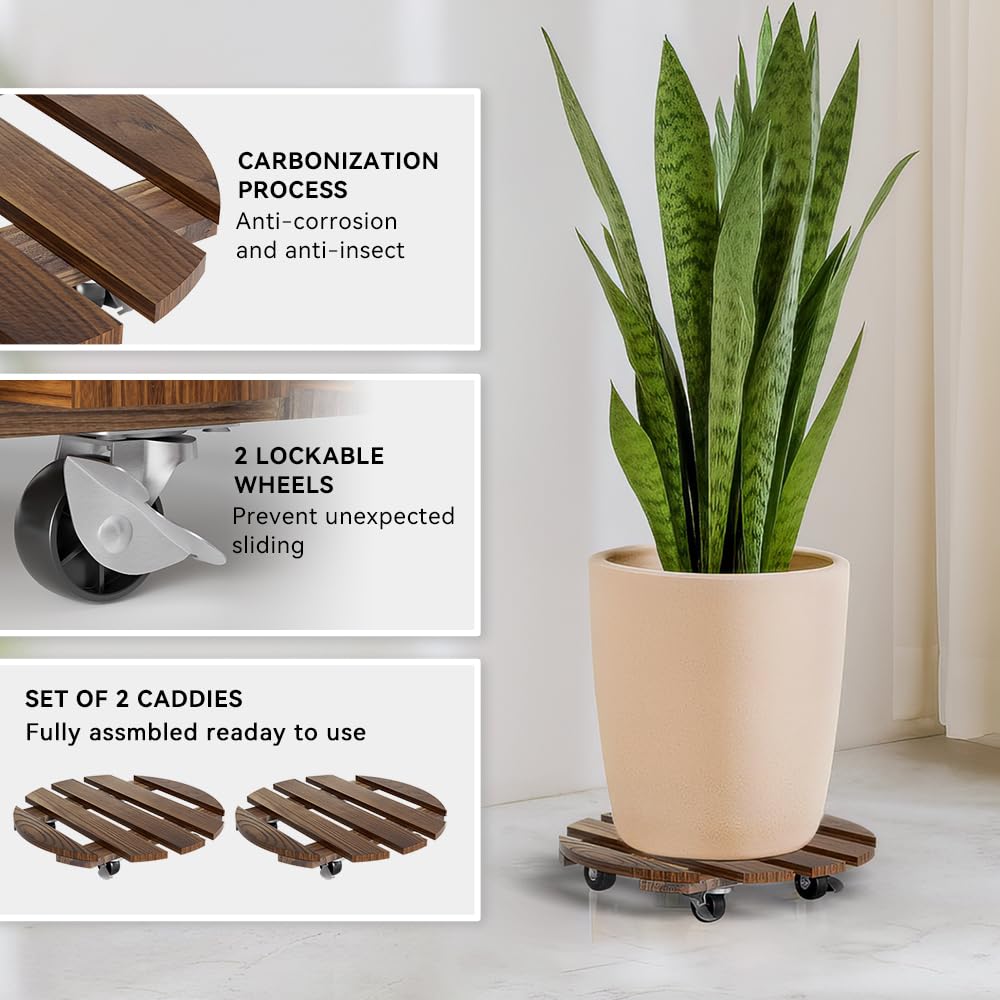 Lissomballon 2 Pack Plant Stand Indoor and Outdoor, 12IN Premium Wooden Plant Caddy with Wheels, Heavy Duty Plant Stands with 360° Lockable Wheels, Classic Plant Cart