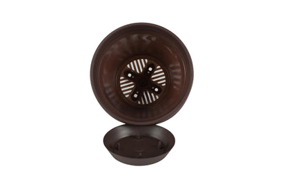 The HC Companies Infinity Round Planter Decorative 8 Inch Plastic Flower Pot w/Removable Saucer for Indoor & Outdoor Plants, Chocolate