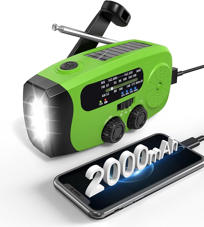 Hand Crank Radio with AM/FM/NOAA Weather Bands,for Emergencies, Camping | 3 LED Flashlights,SOS Function,Solar Powered,Hand Cranked, 2000mAh/7400mWh Charger,for Power Outage - Green