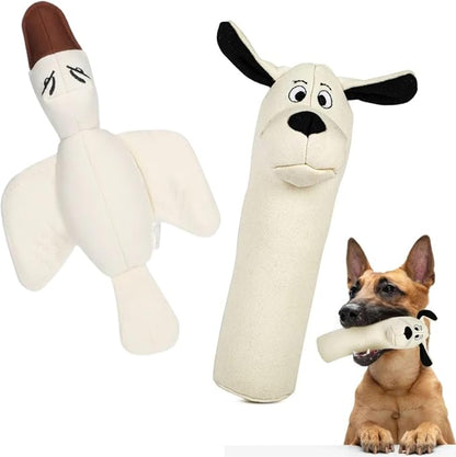 Durable Tough Cotton Canvas Squeaky Dog Toys, Eco-Friendly Interactive 2-Pack Chew Toy Set for Small, Medium & Large Dogs, Ducky & Dawgy (White)