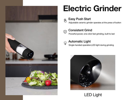 Stainless Steel Rechargeable Electric Salt and Pepper Grinder Set, USB Charging with Dust Cover, 6 Adjustable Grinding Modes + LED Light 2packBlack+Cream