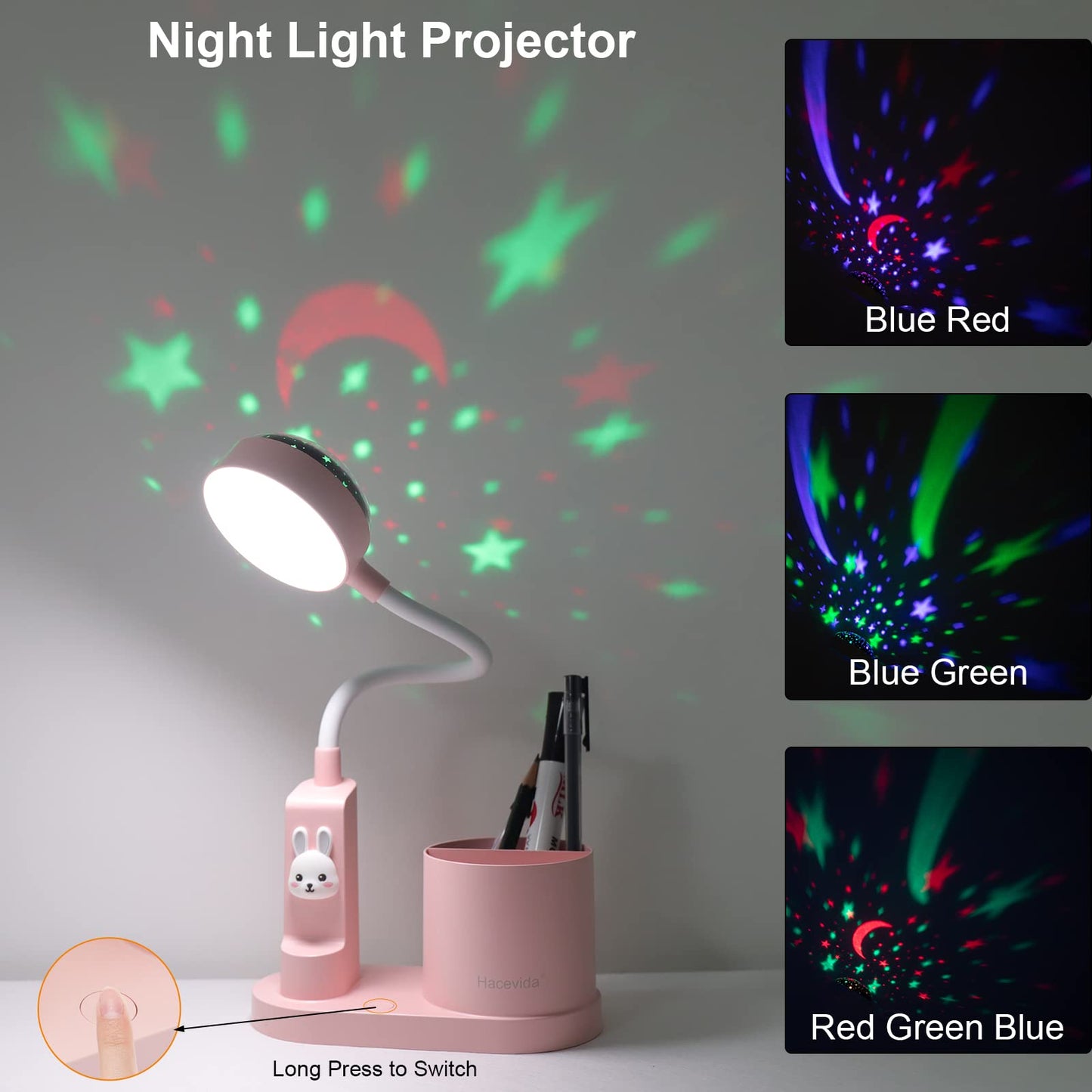 Hacevida Cute Pink Rabbit Lamp for Kids Reading Study - Star Projector/Pen Holder/3 Brightness/Eye Caring, Rechargeable Led Table Desk Lamp for Home Office Dorm Decor, Ideal Birthday Christmas Gifts