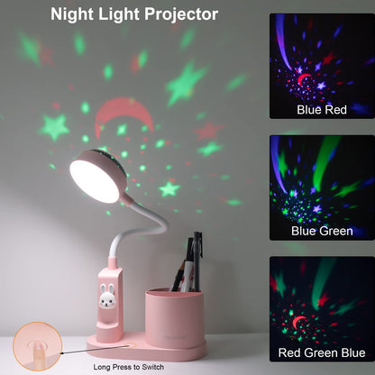 Hacevida Cute Pink Rabbit Lamp for Kids Reading Study - Star Projector/Pen Holder/3 Brightness/Eye Caring, Rechargeable Led Table Desk Lamp for Home Office Dorm Decor, Ideal Birthday Christmas Gifts