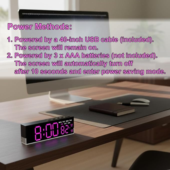 7-Inch Modern LED Digital Alarm Clock with Dual Alarms & Soft Bottom Light｜Displays Time, Date, Day, Temperature｜3-Level Auto/Manual Brightness, DST, USB or Battery Powered Desk Clock,Rose-Red