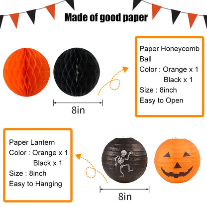 Halloween Party Decorations, Happy Halloween Banner Hanging Skeleton Jack-O'-Lantern Pumpkin Honeycomb for Birthday Party Home Decor Party Supplies Props (Orange, Black)