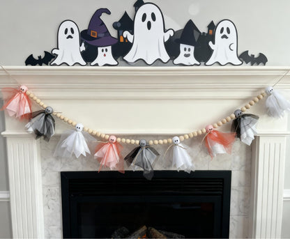 Halloween Garland,Cute Ghost with Wooden Beads Garlands, Handmade Rustic Halloween Banner for Wall Home Indoor Outdoor Home Mantel Decor Supplies, White,Black,Orange (White Black Orange Ghost)